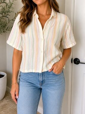 Cotton:On Women's Vertical Stripe Cotton Button Down Blouse Pastel Spring Lg